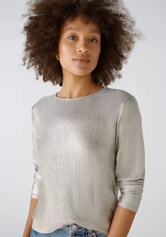 OUI Metallic Long Sleeve Top, Silver