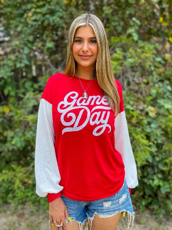 Preorder Game Day Long Sleeve Sequin Top - Red