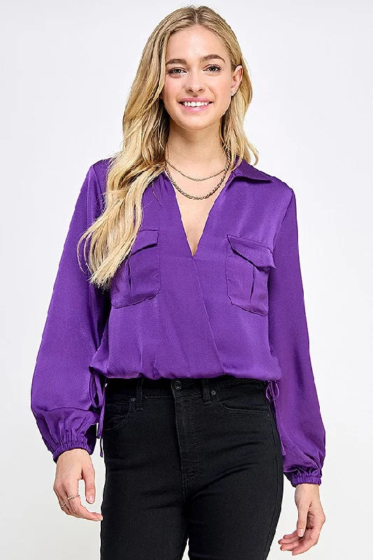 Purple Long Sleeve Surplice Collar Top With Pocket