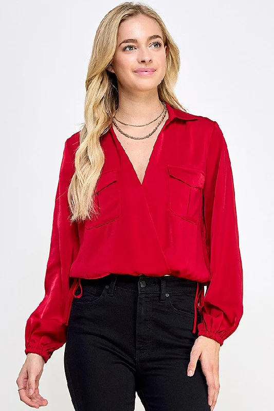 Red Long Sleeve Surplice Collar Top With Pocket