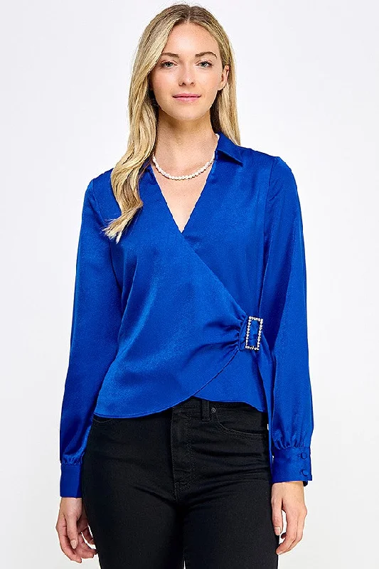 Royal Blue Long Sleeve Wrap Top With Buckle Trim