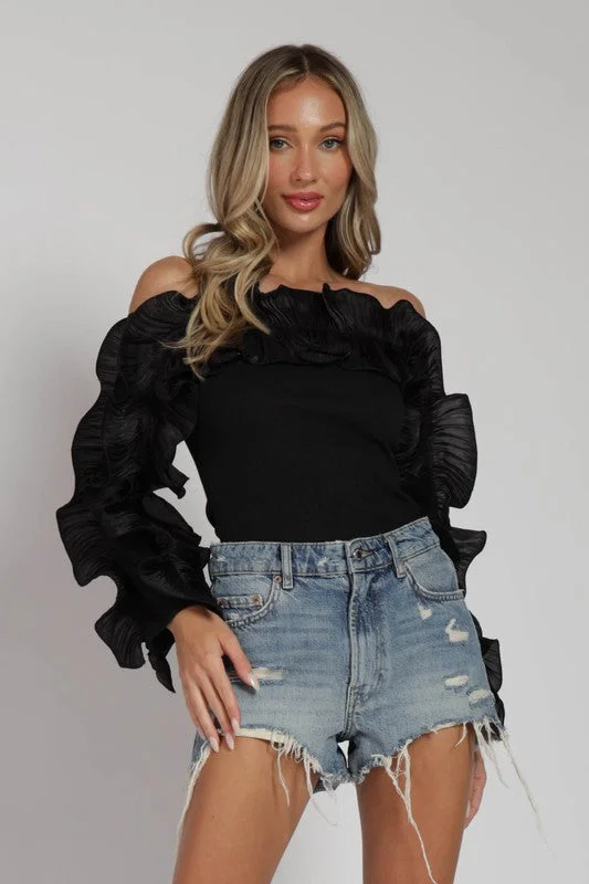 Black Ruffle Off The Shoulder Long Sleeve Top