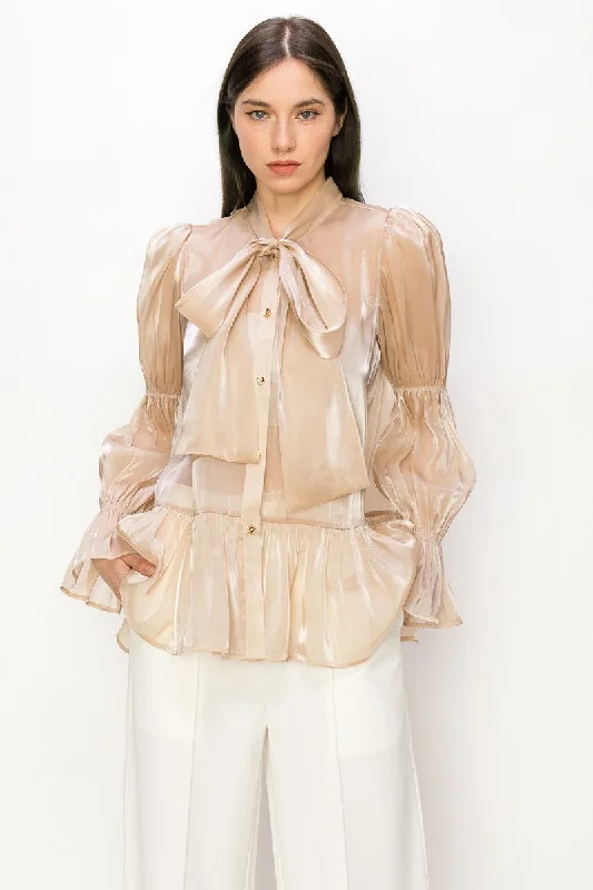 Champagne Shimmer Long Sleeve Neck Ribbon Button Down Top