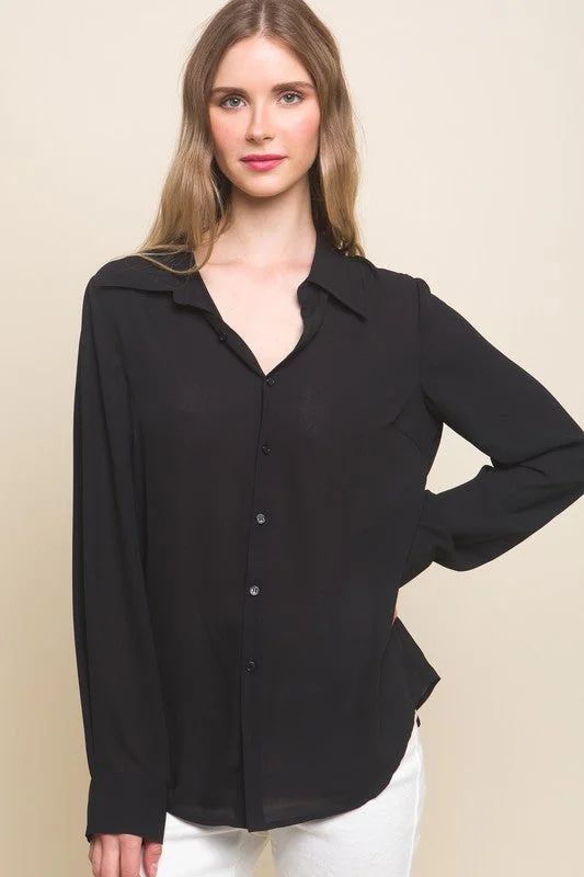 Black Woven Long Sleeve Button Down Collared Blouse