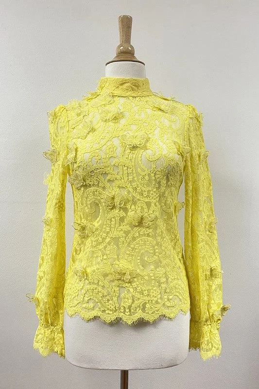 Yellow Long Sleeve Mock Neck Butterfly Lace Blouse