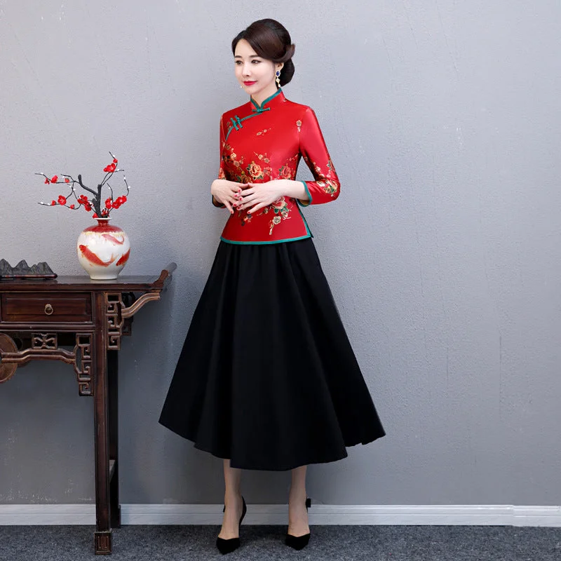 Long Sleeve Velvet Traditional Cheongsam Top Floral Chinese Blouse