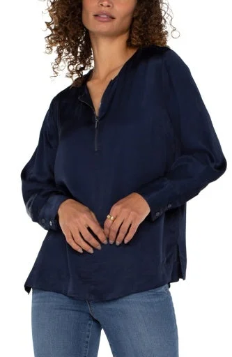 Long Sleeve Zip Front Woven Blouse