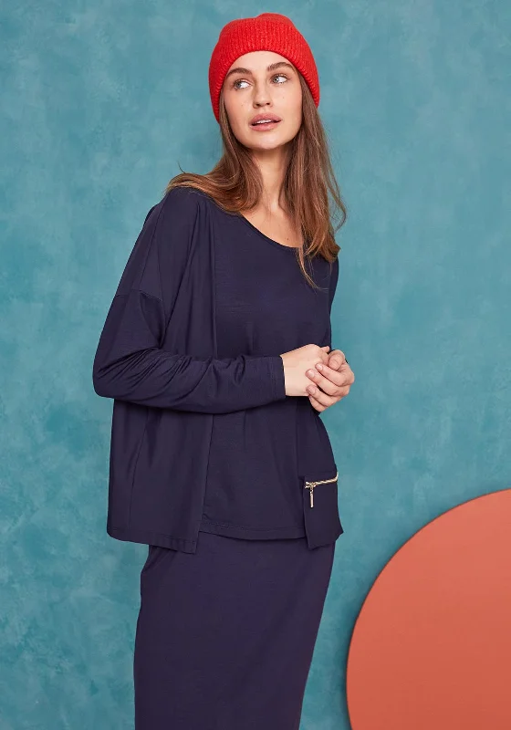 Naya Long Sleeve Zip Pocket Top, Navy