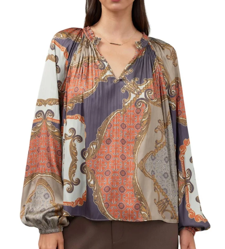 Pleated Long Sleeve Top In Brown Multi