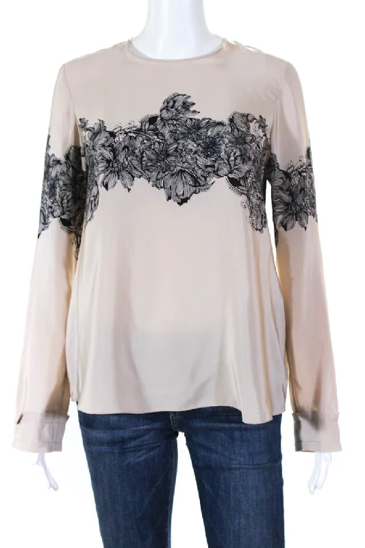 Vanessa Bruno Women Floral Scroll Design Long Sleeve Blouse Beige Silk